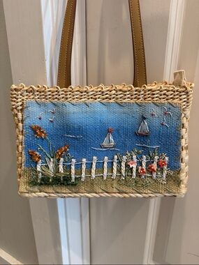 St. John's Bay Cream Straw Tote purse textured sailboats flowers